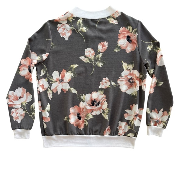 Le Lis Women’s Sz S Gray Blush Pink Floral Zip Chiffon Bomber Jacket Cottagecore - Picture 2 of 16